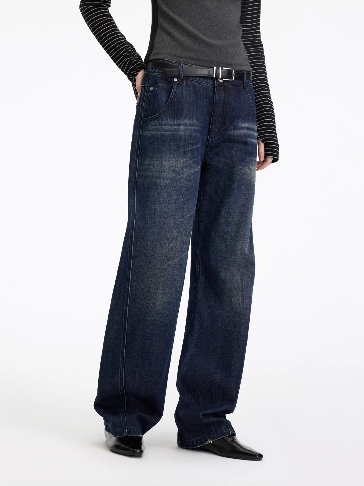 Washed Panel-Detail Curved Denim Pants