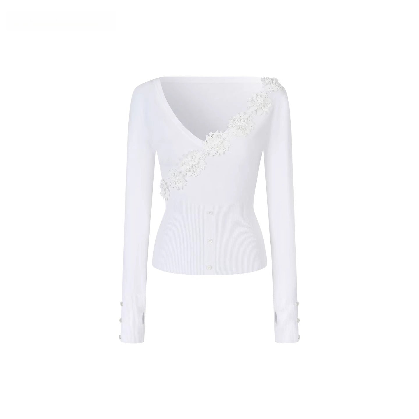 3D Floral Appliqué Ribbed Fitted T-Shirt