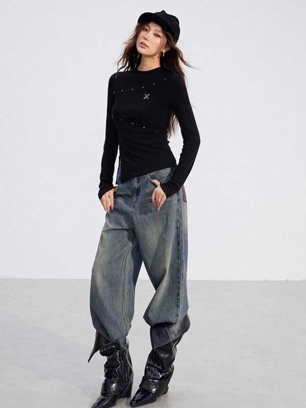 Slit Long-Sleeve Statement Base T-Shirt