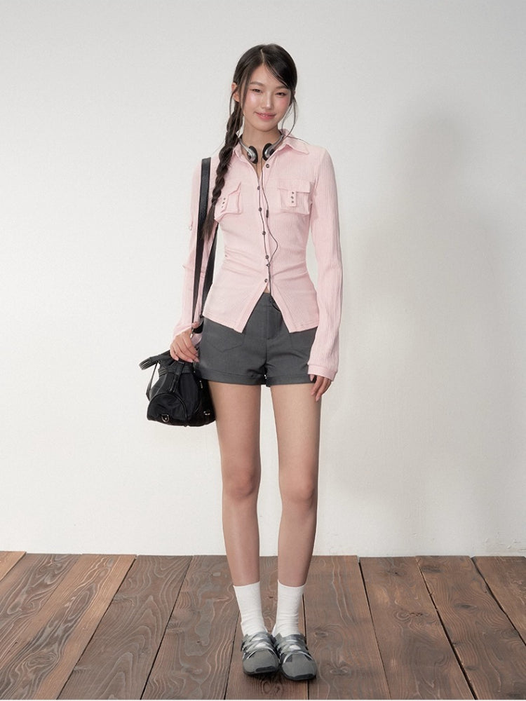Striped Rivet 3D Pocket Fitted Shirt