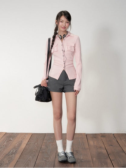 Striped Rivet 3D Pocket Fitted Shirt