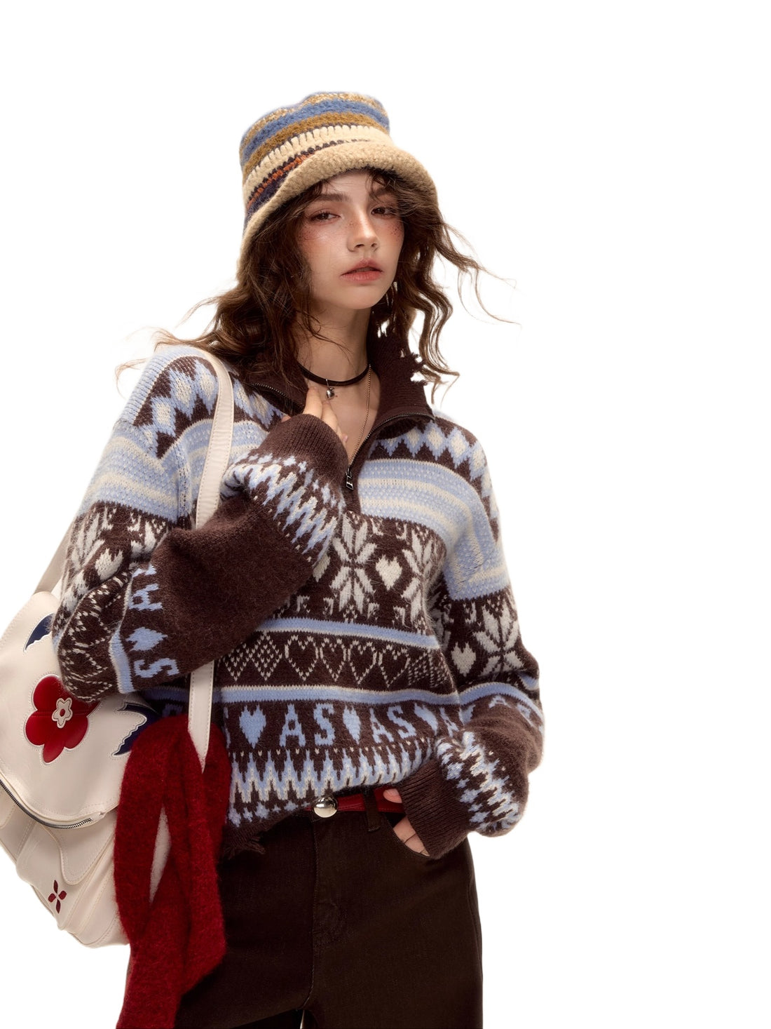 Vintage Fair Isle Half-Zip Fringe Hem Sweater