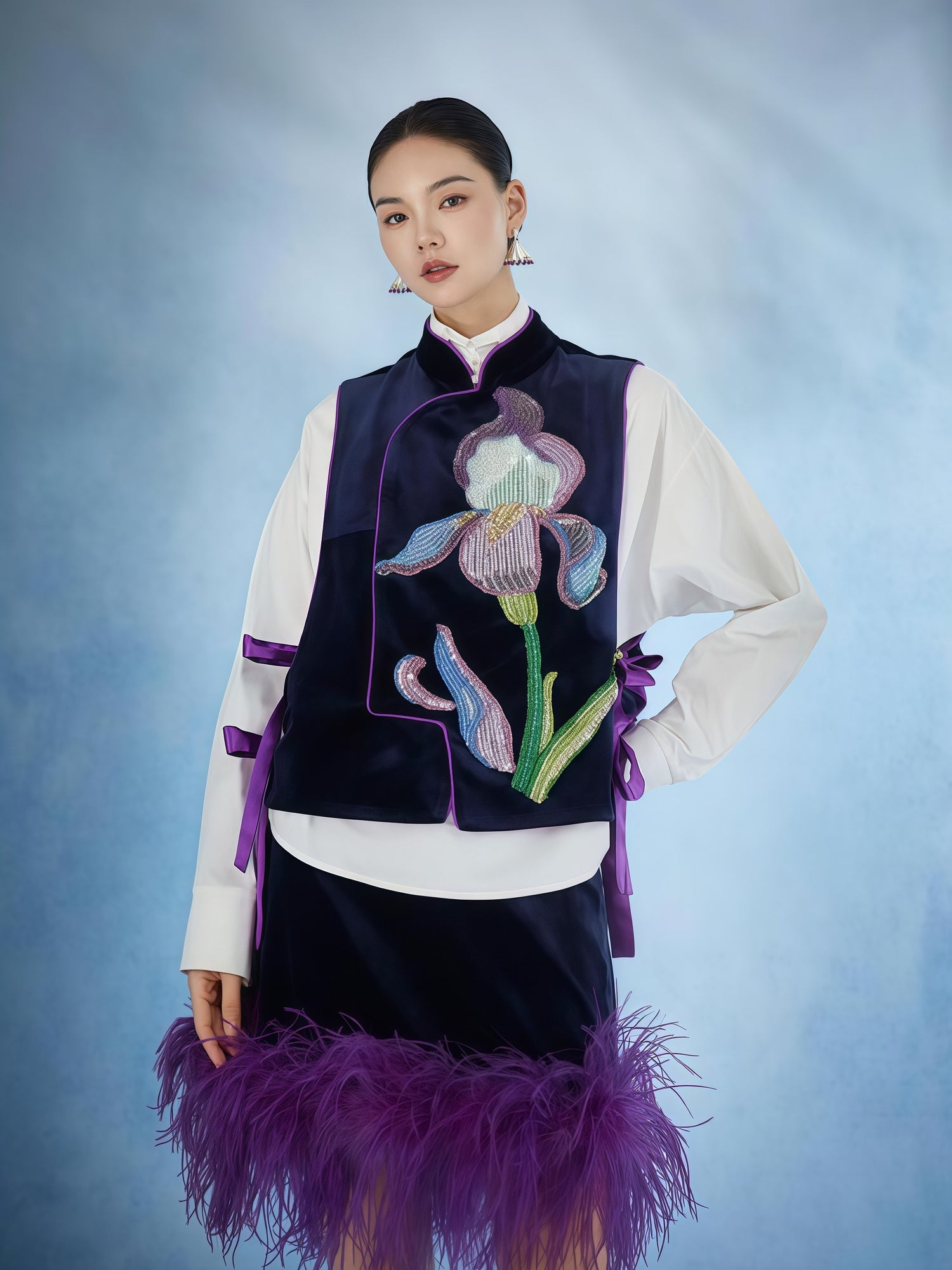 Iris Embroidered Velvet Feather Hem Set