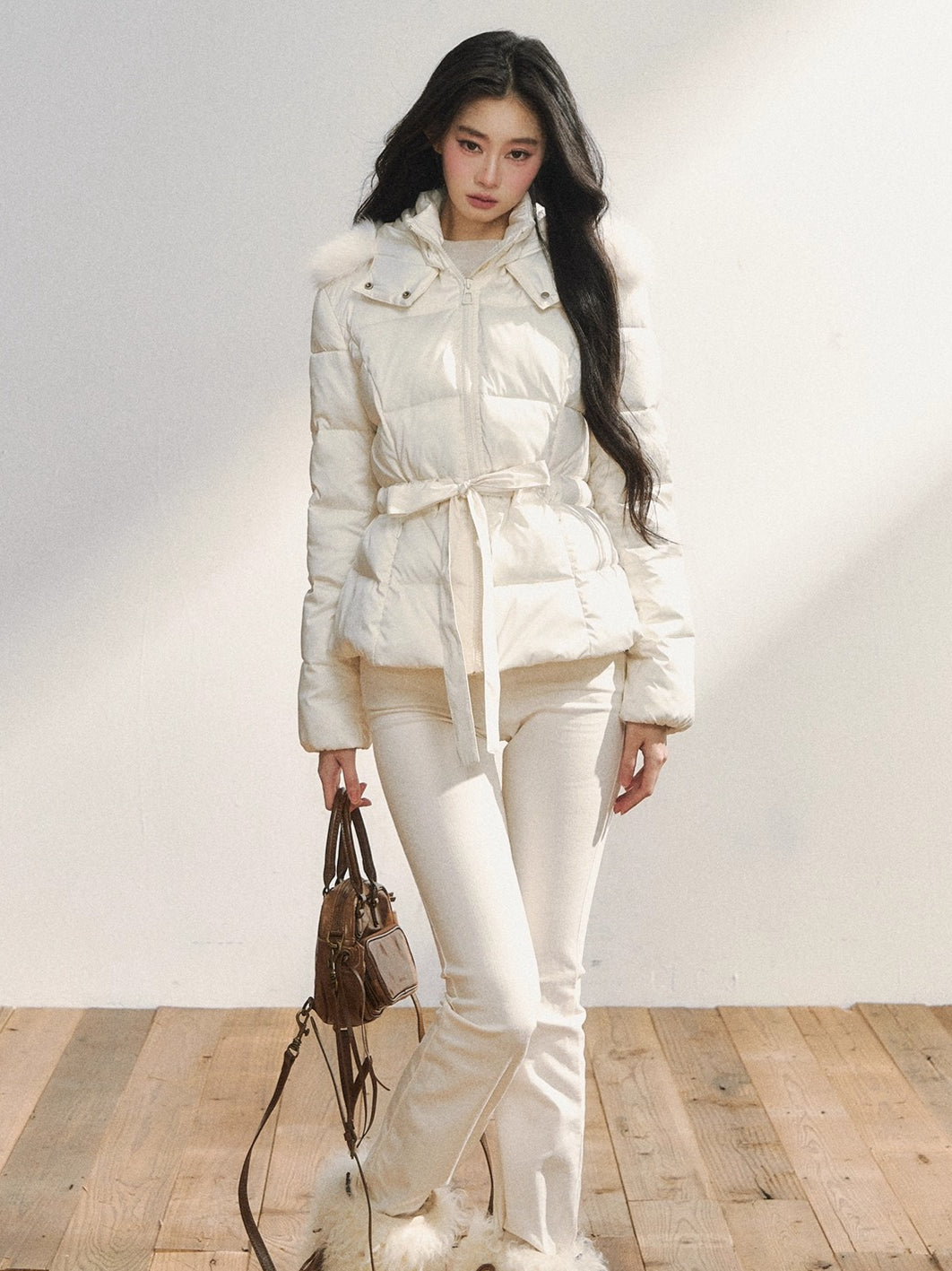 Two-Tone Belted Detachable Fur Hood Down Jacket