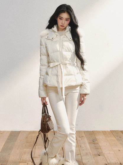Two-Tone Belted Detachable Fur Hood Down Jacket