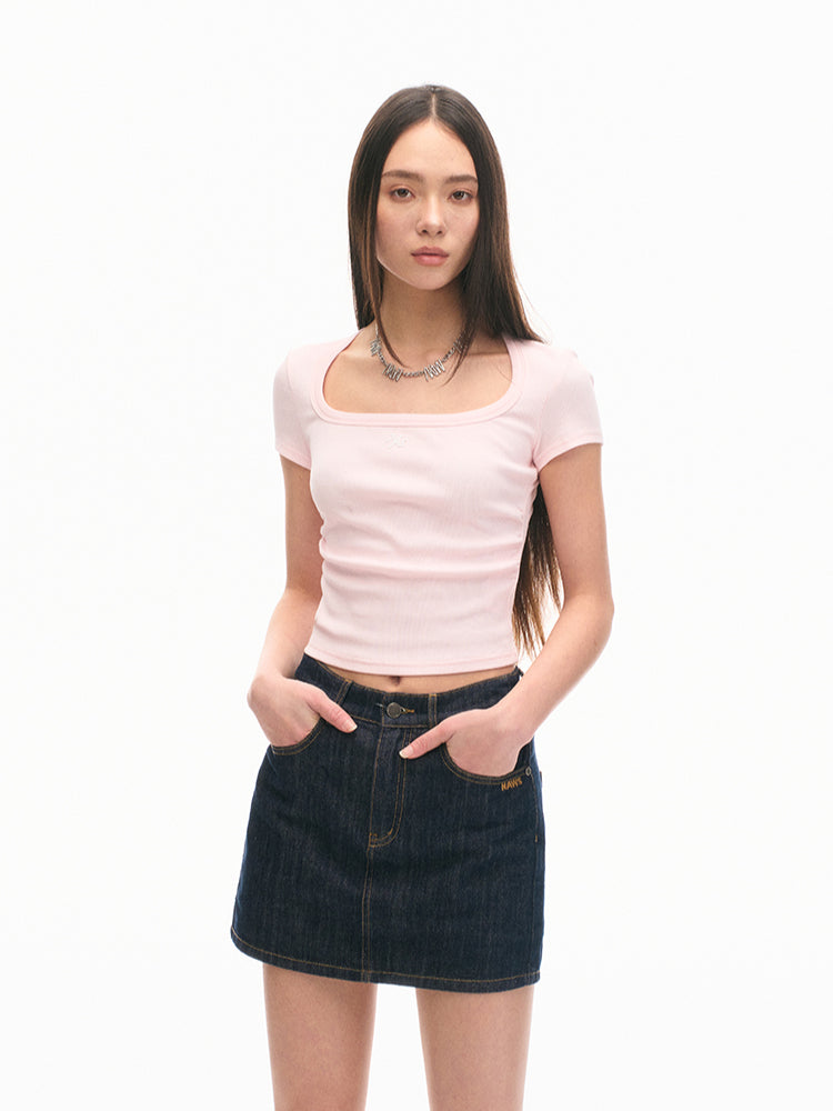 Ice Silk Ribbed Waist Cinching Round Corner T-Shirt