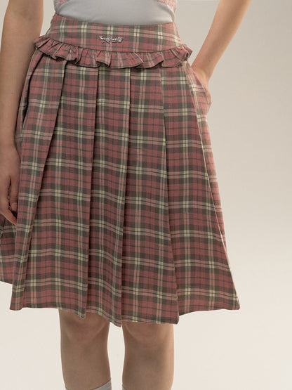 Plaid Pink Lace Pleated Skirt