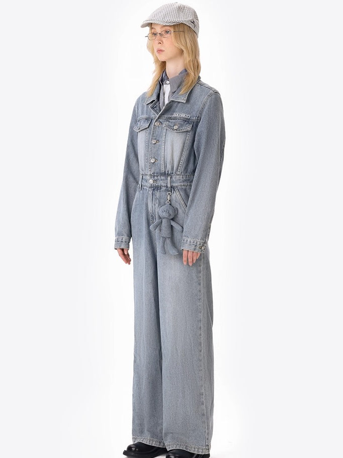 Denim Jumpsuit Straight-Leg Street Style