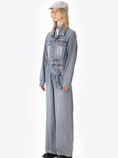 Denim Jumpsuit Straight-Leg Street Style