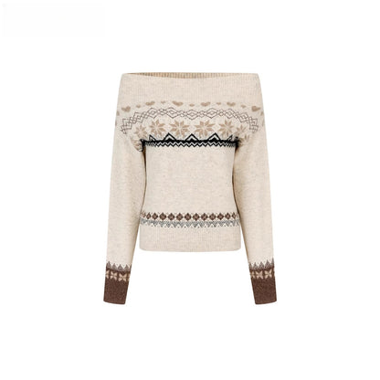 Fair Isle Off-Shoulder Wool Blend Knit Sweater