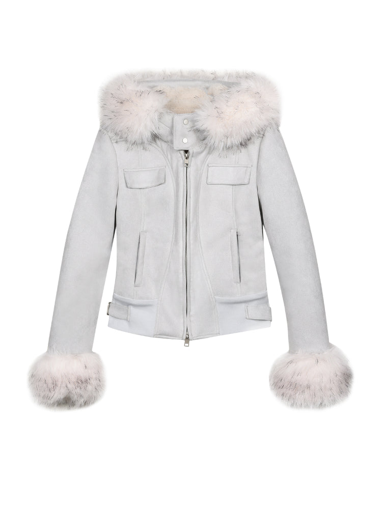 Two-Tone Hooded Fur Collar Shearling Coat