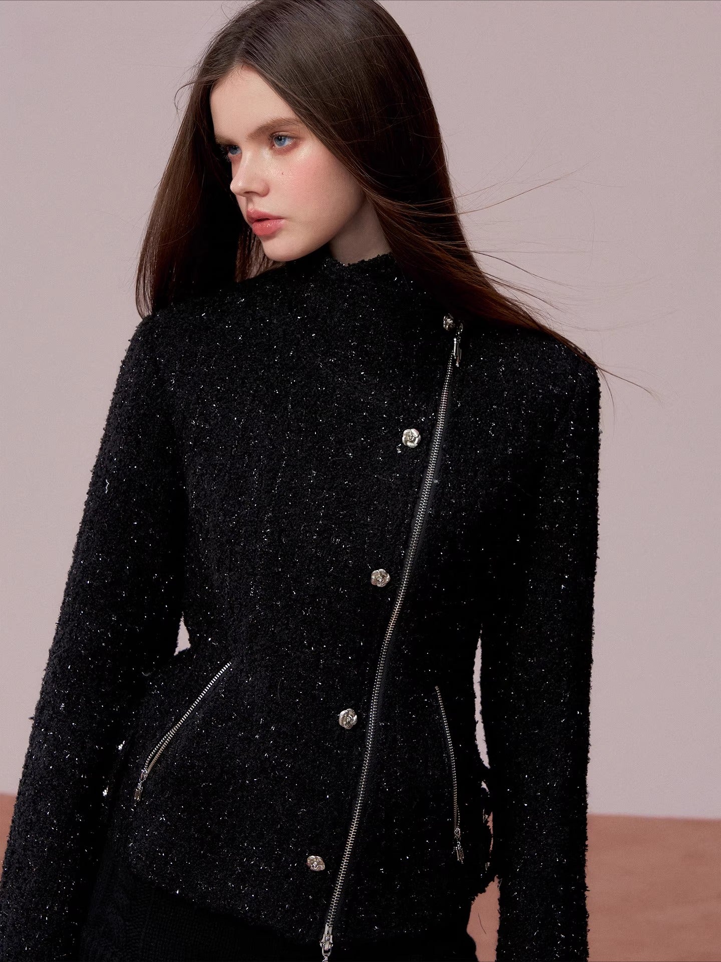 Rose-Button High-Neck Fitted Jacket