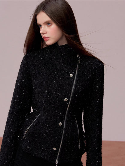 Rose-Button High-Neck Fitted Jacket