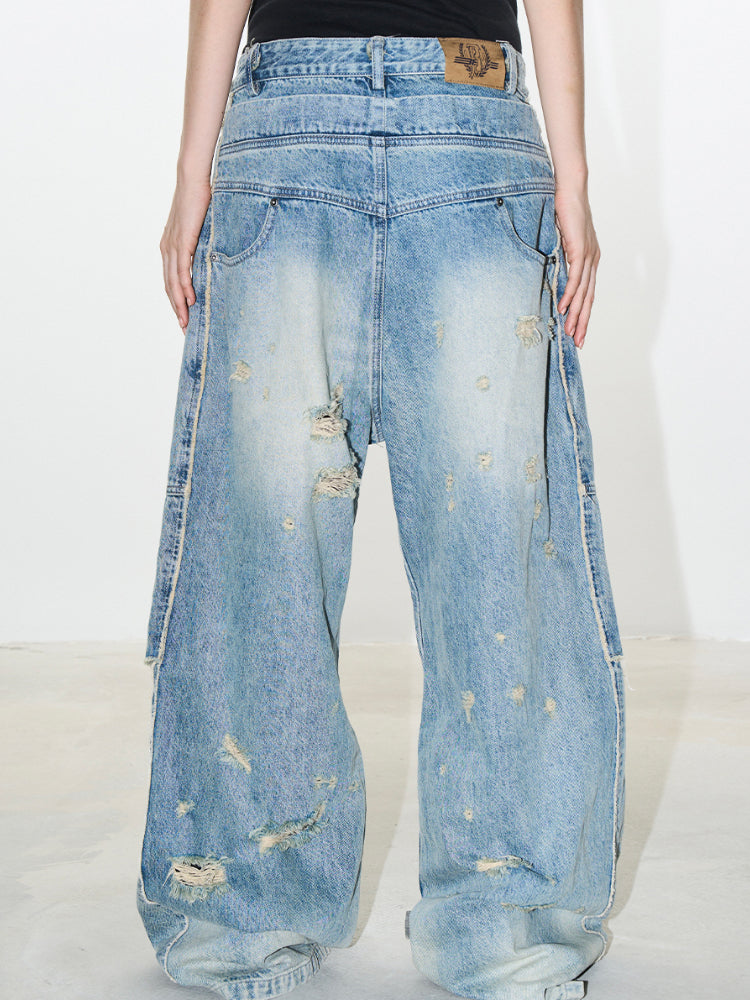 Double-Layer Distressed Washed Denim Pants