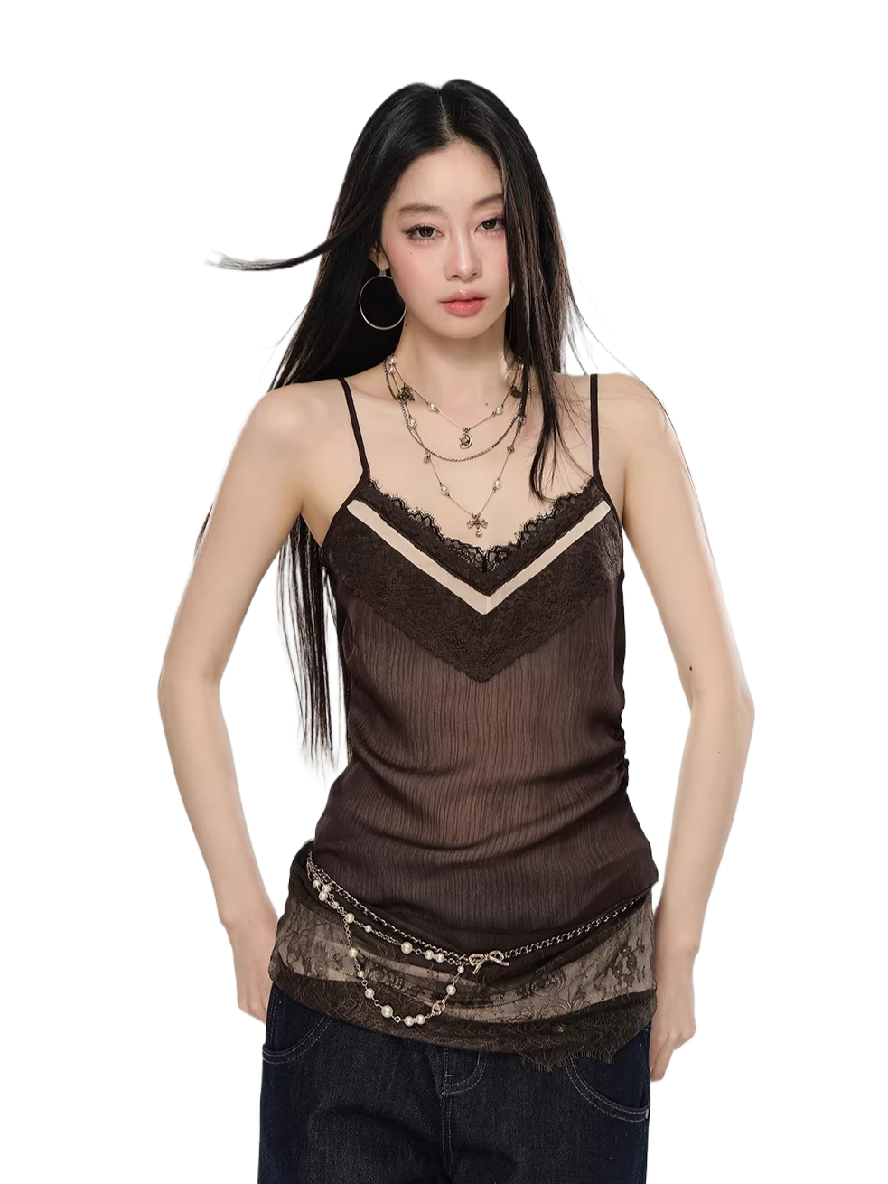 Lace-Trim V-Neck Chiffon Camisole