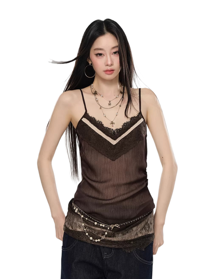 Lace-Trim V-Neck Chiffon Camisole