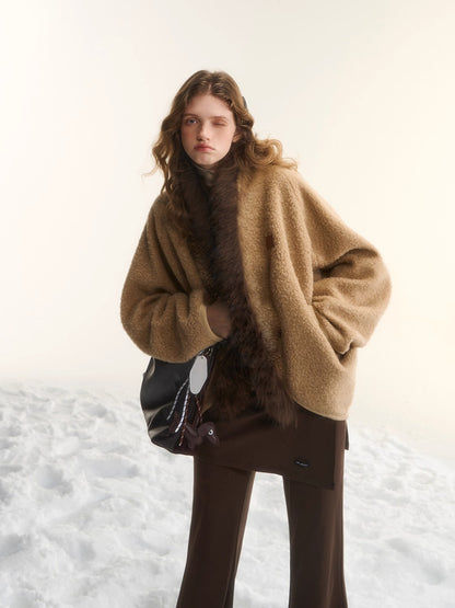 Wool-Blend Fur-Trim Cape Jacket
