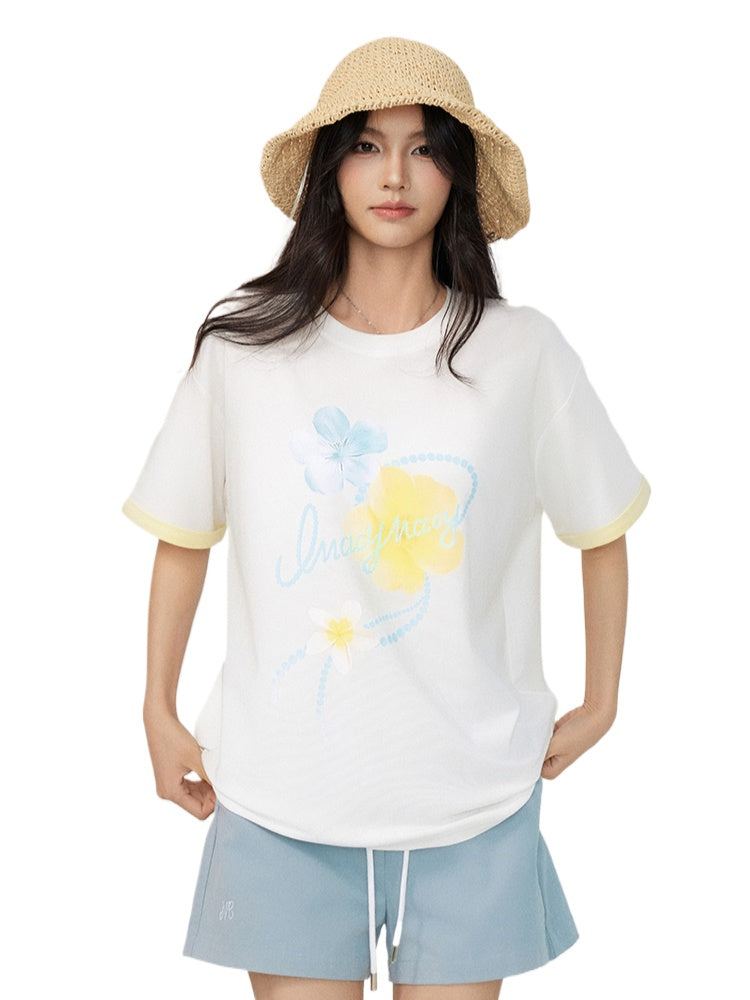 White Contrast-Color Cooling Floral T-shirt