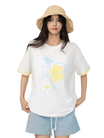 White Contrast-Color Cooling Floral T-shirt