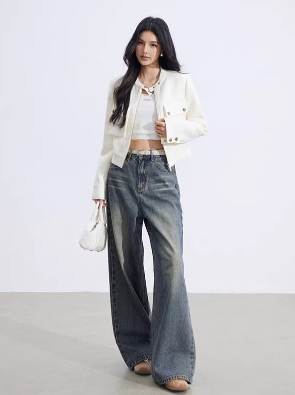 Chic Stand-Collar Tweed-Style Short Jacket