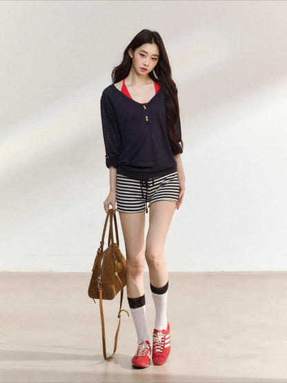 Stripes Contrast Knit Low-Rise Mini Shorts
