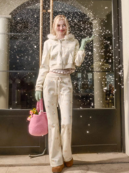 Floral-Trim Hoodie Jacket Set