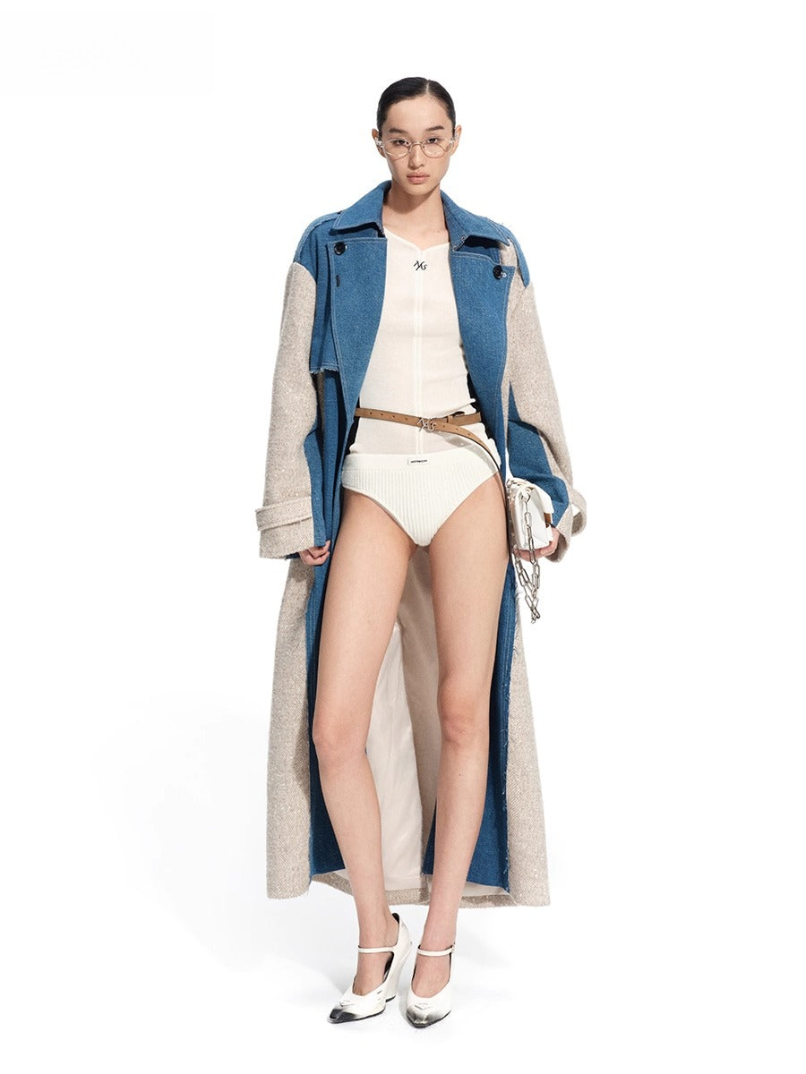 “Caracal Series” Washed Twill Patchwork Wool Denim Trench Coat
