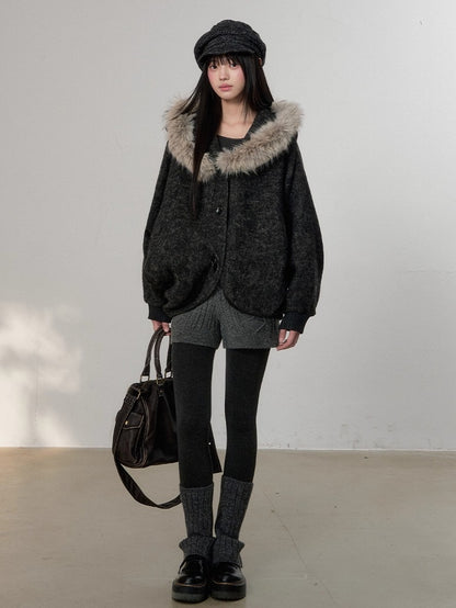 Fur Collar Wool-Blend Batwing Cape