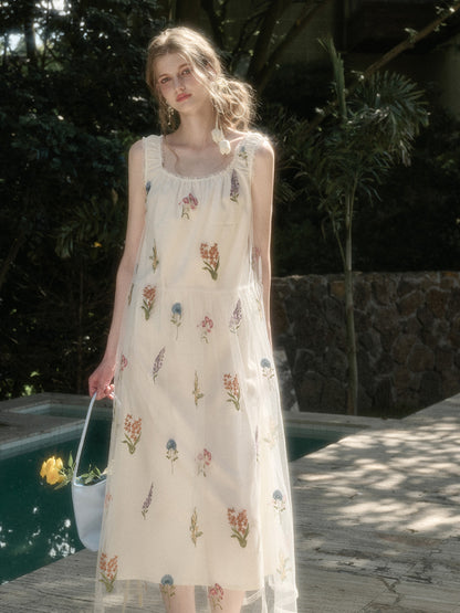Gauze Flower Embroidered Double - Layer Sundress - CHINASQUAD