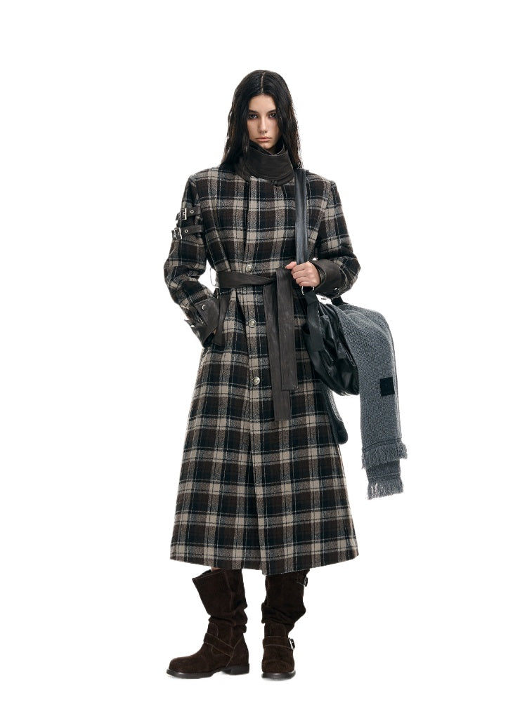 Plaid Patchwork Leather-Trim Quilted Trench Coat