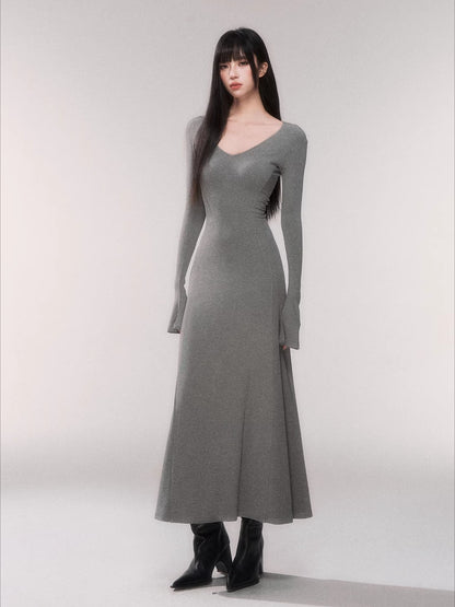 V-Neck Waist-Defining Knit Maxi Dress