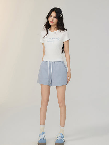 Tencel Sparkling Rhinestone Regular Shoulder T-shirt