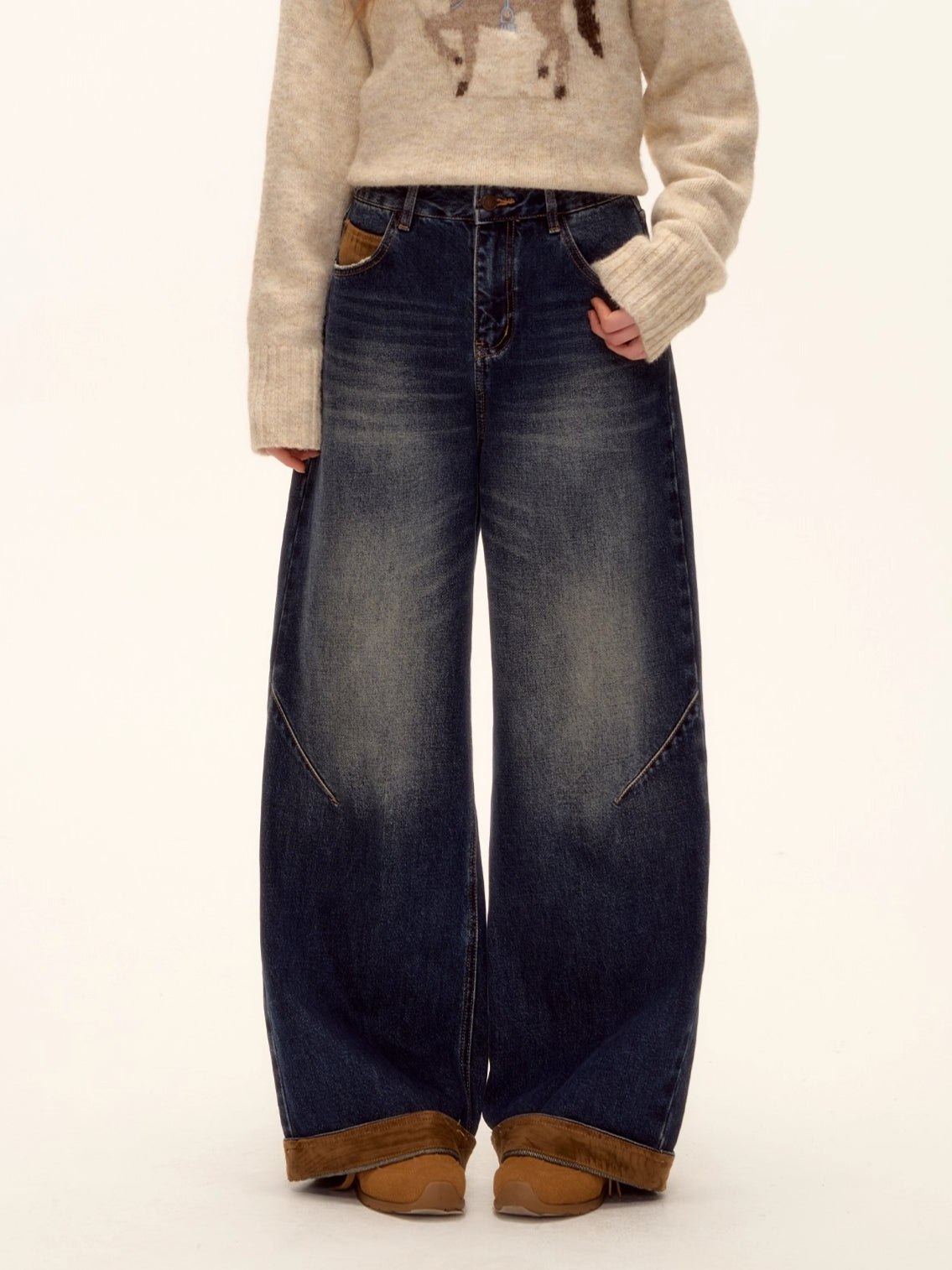 Suede-Panel Washed Denim Wide-Leg Jeans