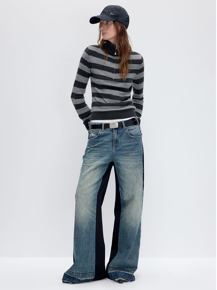 Striped Wool Blend Half-Zip Sweater