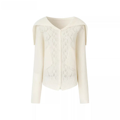 Cut-Out Collared Relaxed Wool Knit Cardigan