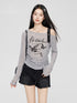 Gray & Beige Hollow Off-shoulder Long Sleeve T-shirt - CHINASQUAD