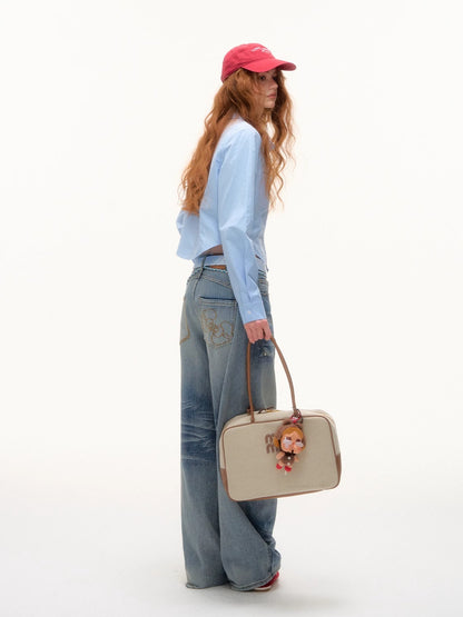 Turn-Down Collar Embroidered Cropped Shirt