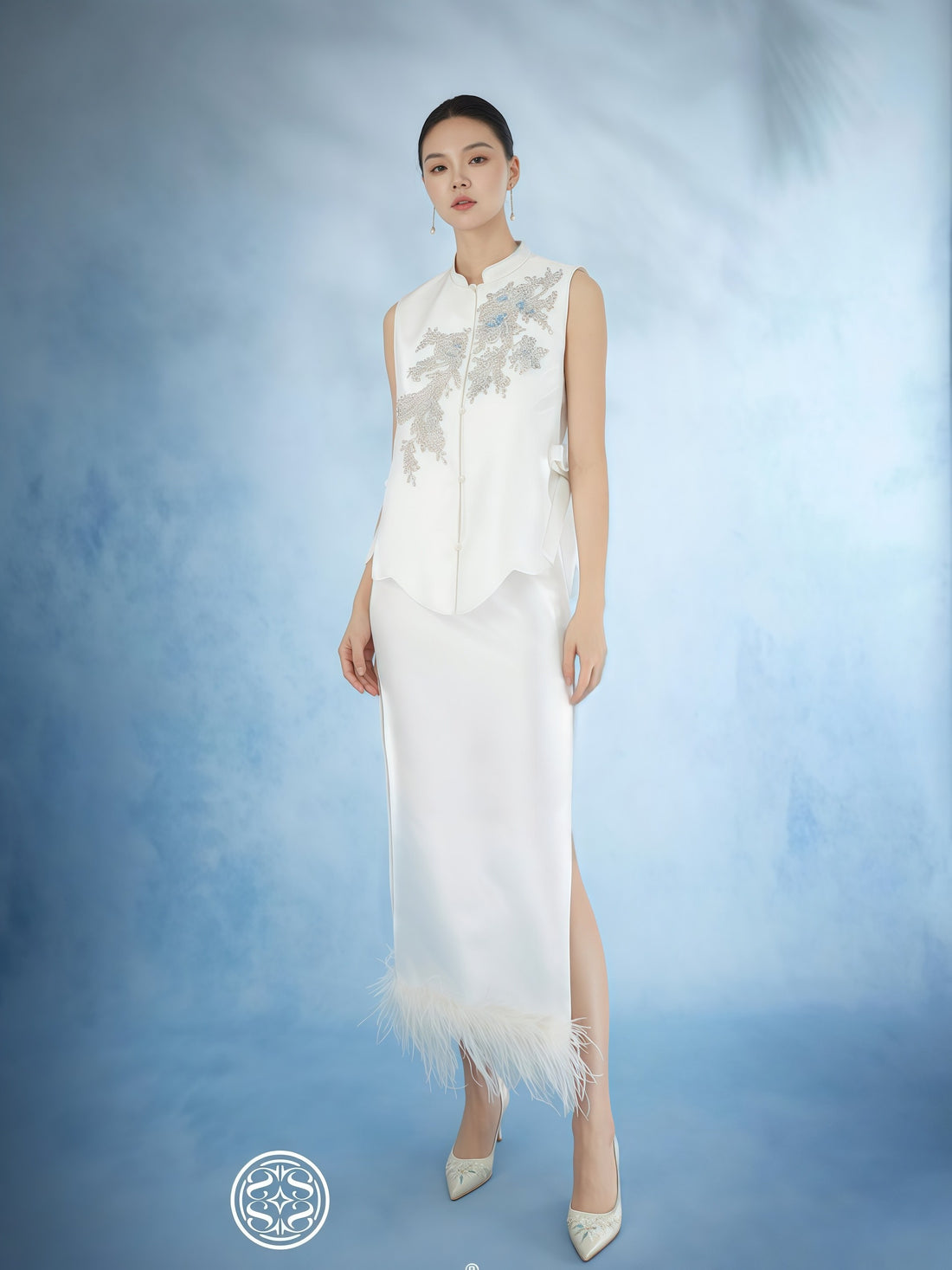Ivory Embroidered Mandarin Collar Feather Hem Set