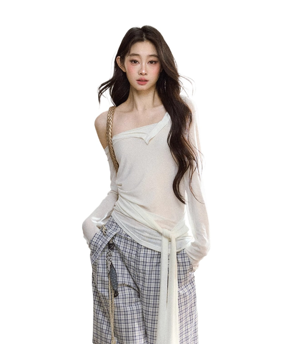 Asymmetric Shoulder Cross-Tie Knit T-Shirt