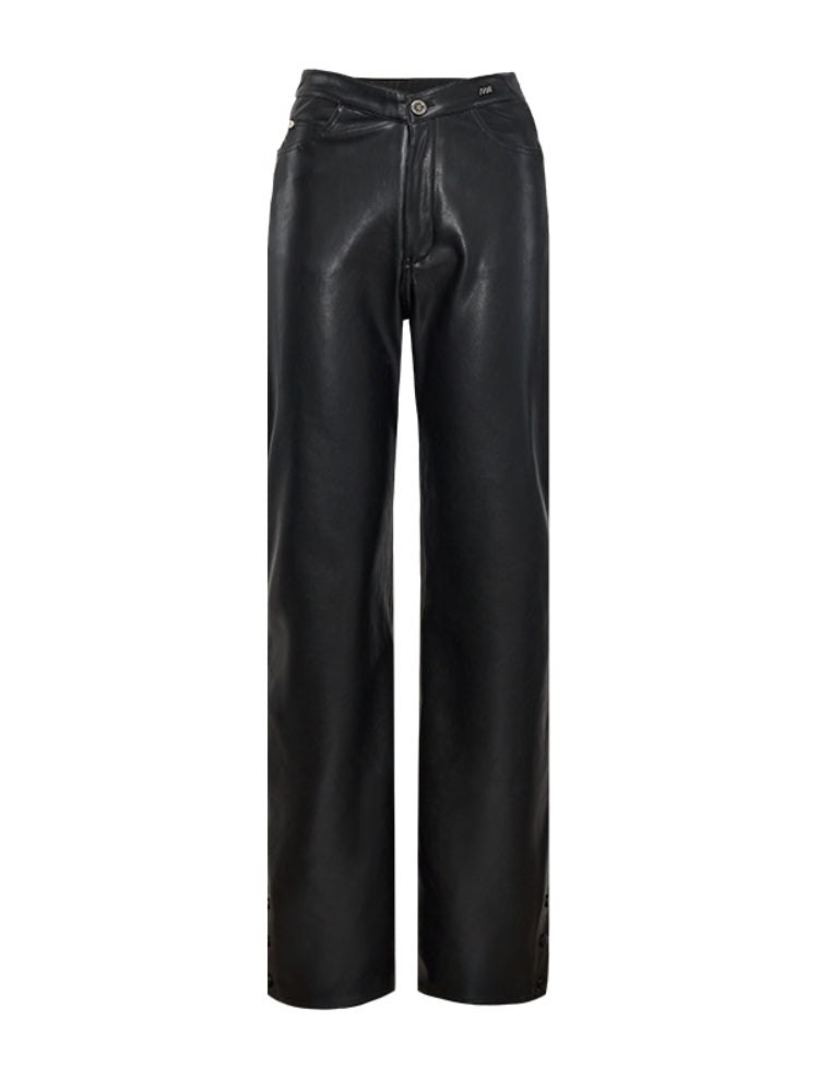 Black V-Style High-Waist Leather Pants