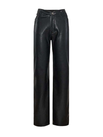 Black V-Style High-Waist Leather Pants