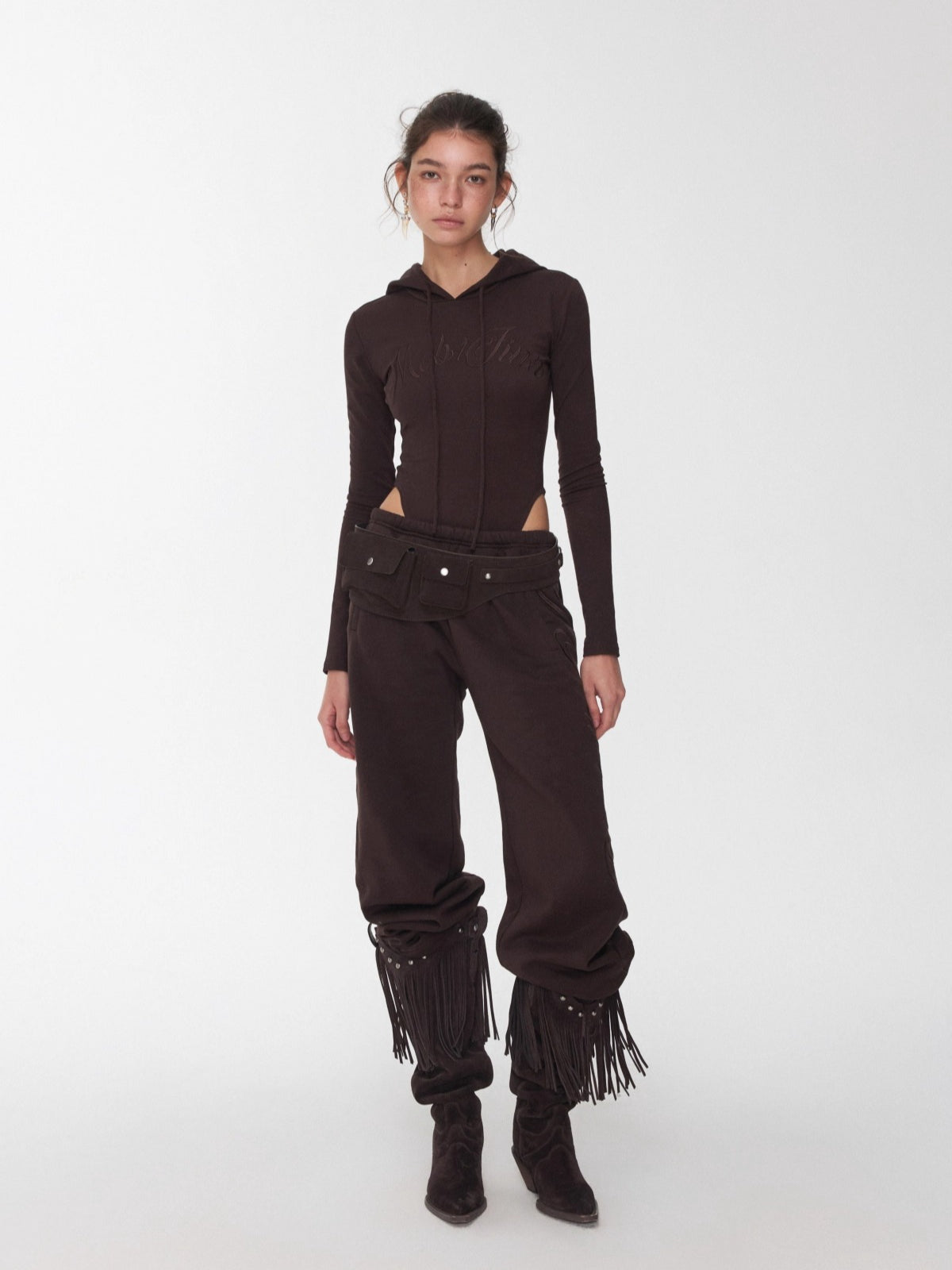 Embroidered Letter Drawstring Hooded Jumpsuit