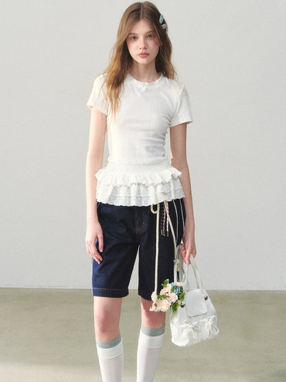 White Lace-hem Short-sleeve T-shirt