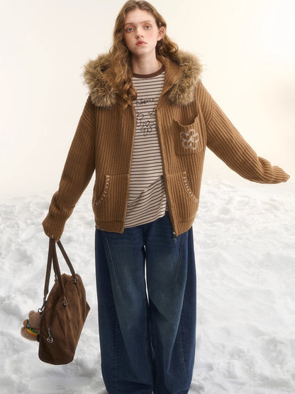 Embroidered Knit Zip-Up Hoodie Cardigan