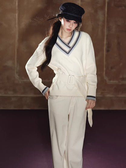 Contrast Double-V Neck Relaxed Knit Sweater