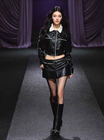 Contrast Trim Quilted Leather Jacket &amp; Skirt Set