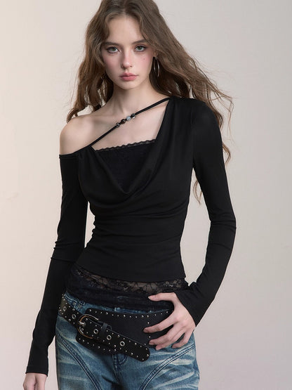 Fake Two-Piece Lace Off-Shoulder Beaded T-Shirt