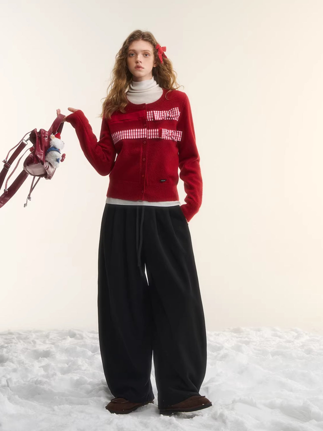 Vintage Checkered Patchwork Bow Knit Cardigan