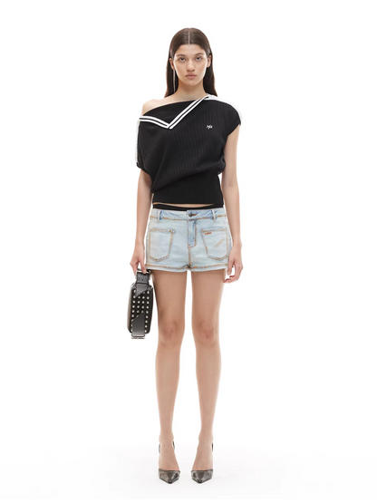 Asymmetric Off-Shoulder Contrast Trim Cinched Tee