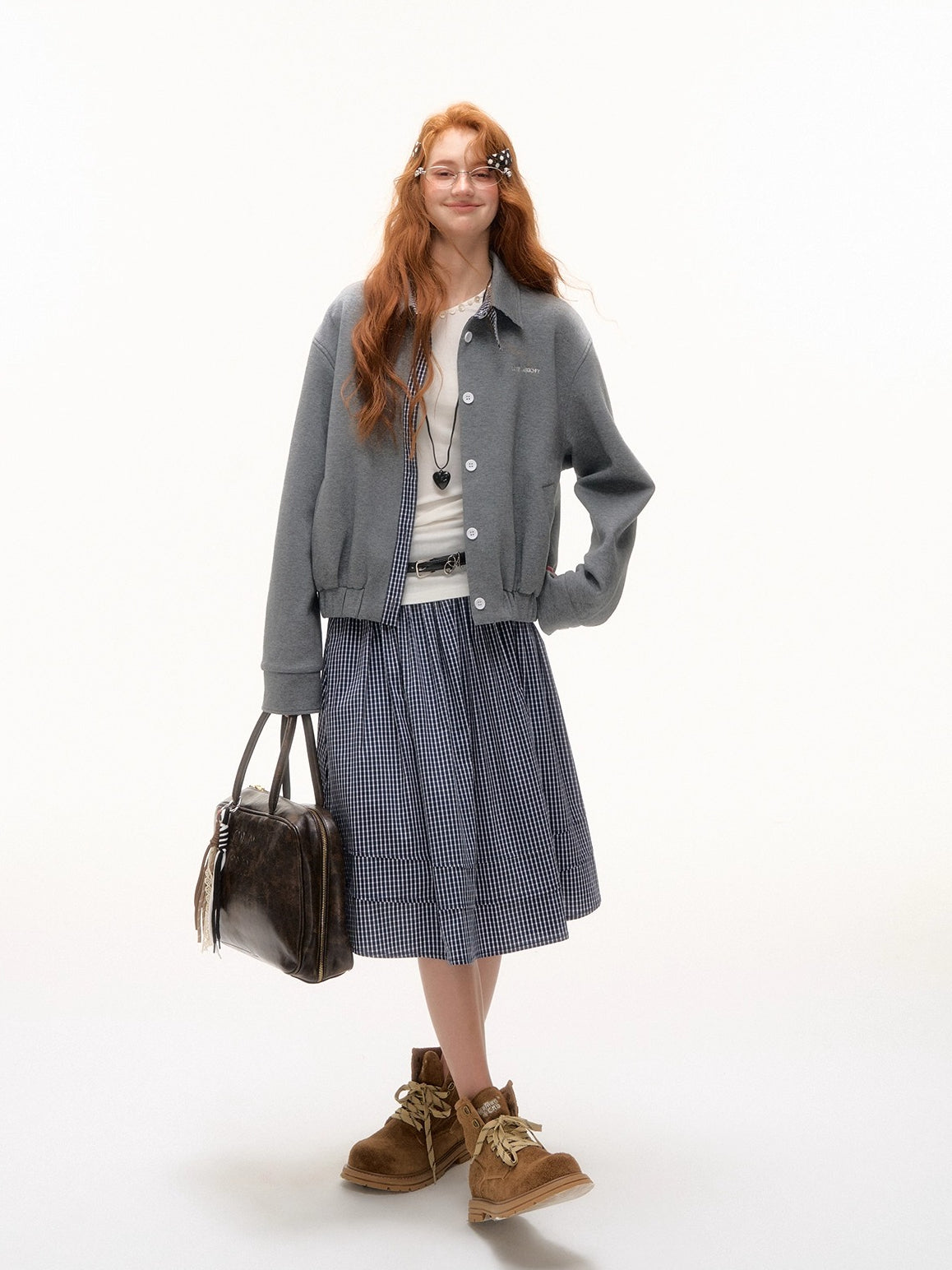 Plaid Panel Embroidered Collar Jacket